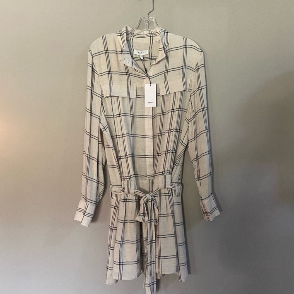 New! Reiss Sasha long sleeve plaid check dress grey white 2839 - Picture 2 of 14